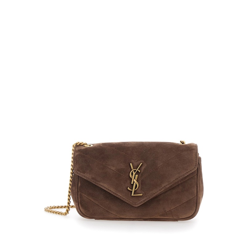 ‘Loulou’ Brown Mini Crossbody Bag with Chain-Link Shoulder Strap and Cassandre Plaque onthe Front in Suede Woman