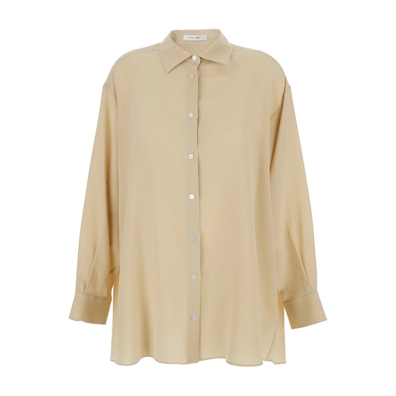 ‘Luka’ Beige Shirt with Classic Collar and Buttoned Cuffs in SIlk Woman