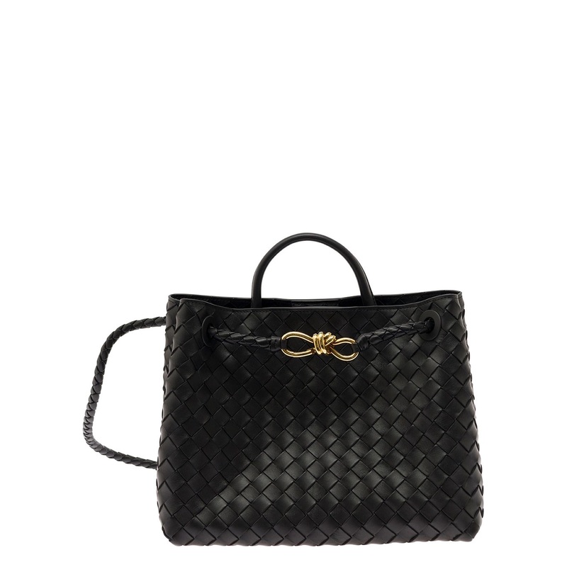 ‘Medium Andiamo’ Black Handbag with Knot Detail and Intreccio Motif in Leather Woman