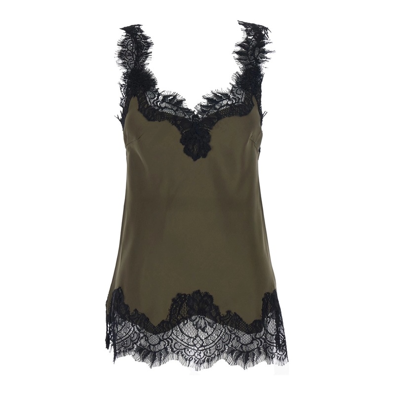 ‘Megan’ Green Sleeveless Top with Lace Details in Silk Woman