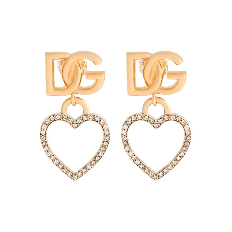 Metallic Earings with Logo Plaque and Heart Pendant in Brass and Glass Woman