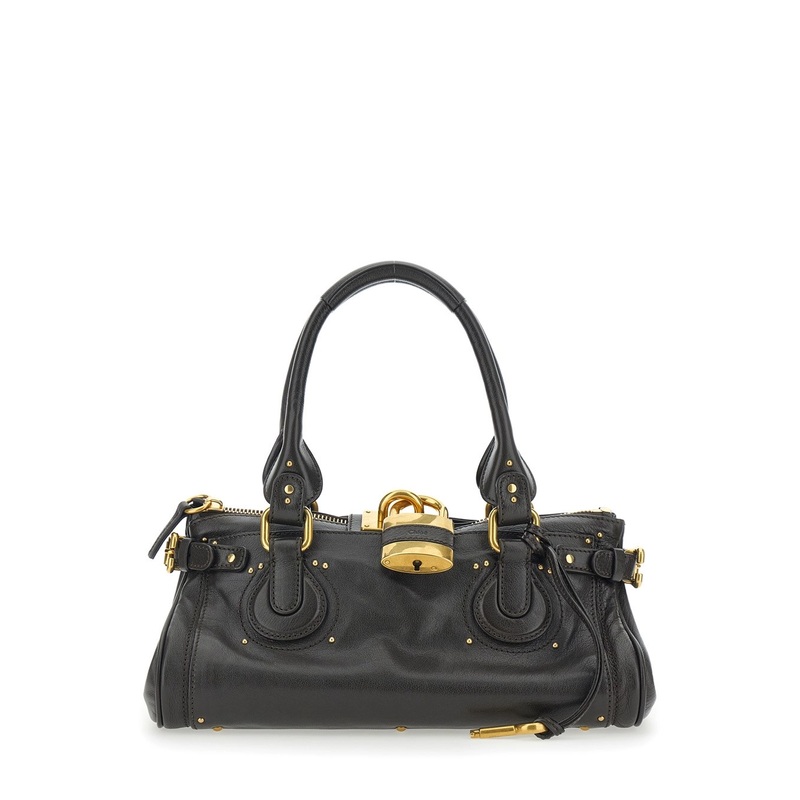 ‘Paddington’ Dark Brown Shoulder Bag with Oversized Padlock and C-Shaped Buckles in Grainy Leather Woman