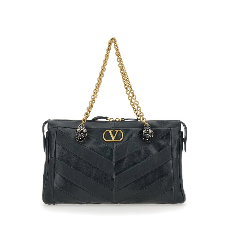 ‘Panthea’ Black Shoulder Bag with VLogo Plaque on the Front and Panther Embellishment in Leather Woman