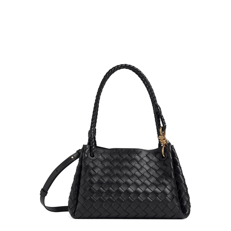 ‘Parachutte’ Black Shoulder Bag with Knot Detail and Intrecciato Motif in Leather Woman