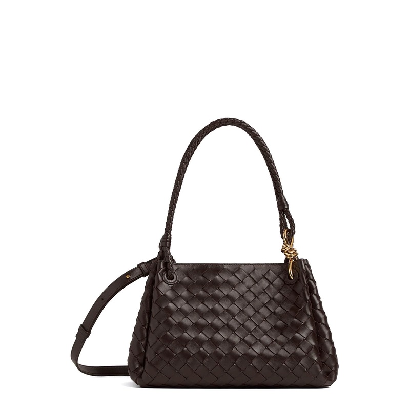 ‘Parachutte’ Brown Shoulder Bag with Knot Detail and Intrecciato Motif in Leather Woman