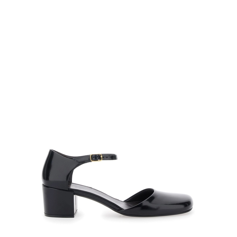 ‘Penelope’ Black Pumps with Square Toe and Low Block Heel in Patent Leather Woman