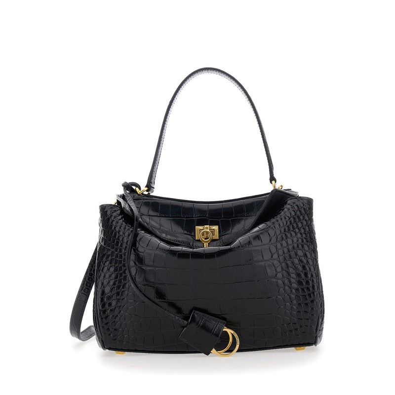 ‘Rodeo’ Black Small Handbag with Detachable Key Holder in Leather Woman