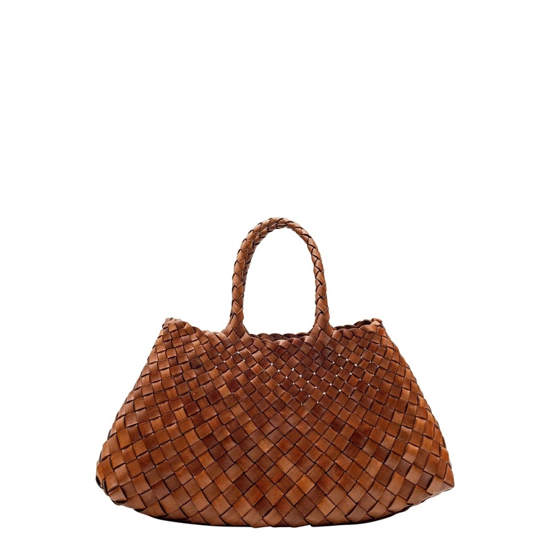 ‘Santa Croce’ Brown Handbag with Two Top Handles and Interwoven Design in Leather Woman
