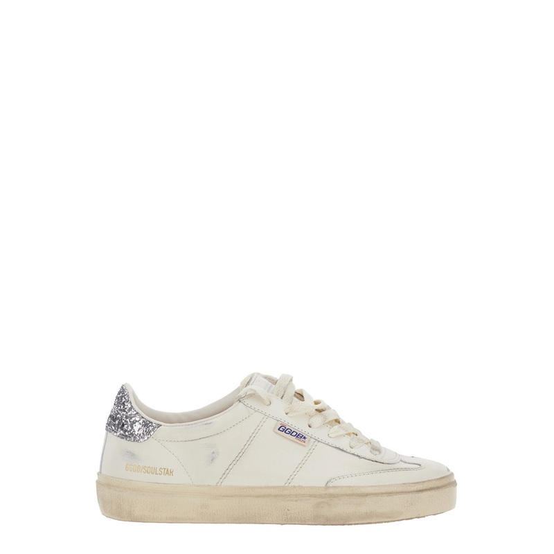 ‘Soul-Star’ White Low-Top Sneaker with Glitter Heel and Logo Lettering in Leather Woman