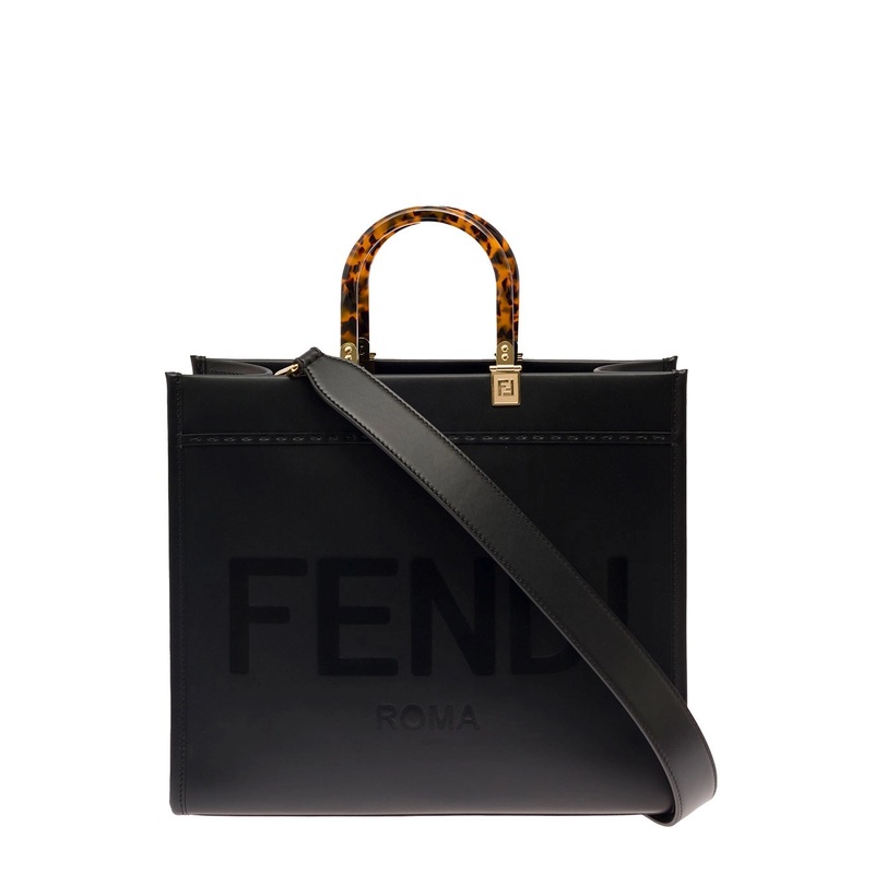 ‘Sunshine’ Black Handbag with Embossed Logo and Tortoiseshell Handles in Leather Woman