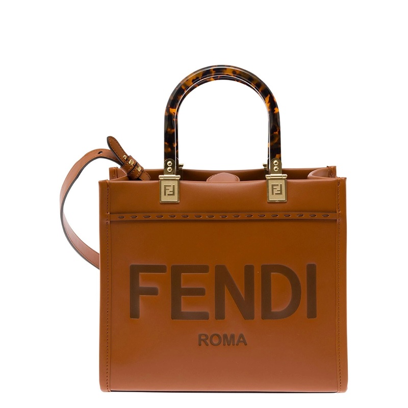 ‘Sunshine Small’ Brown Tote Bag with Embossed Logo and Tortoiseshell Handles in Leather Woman