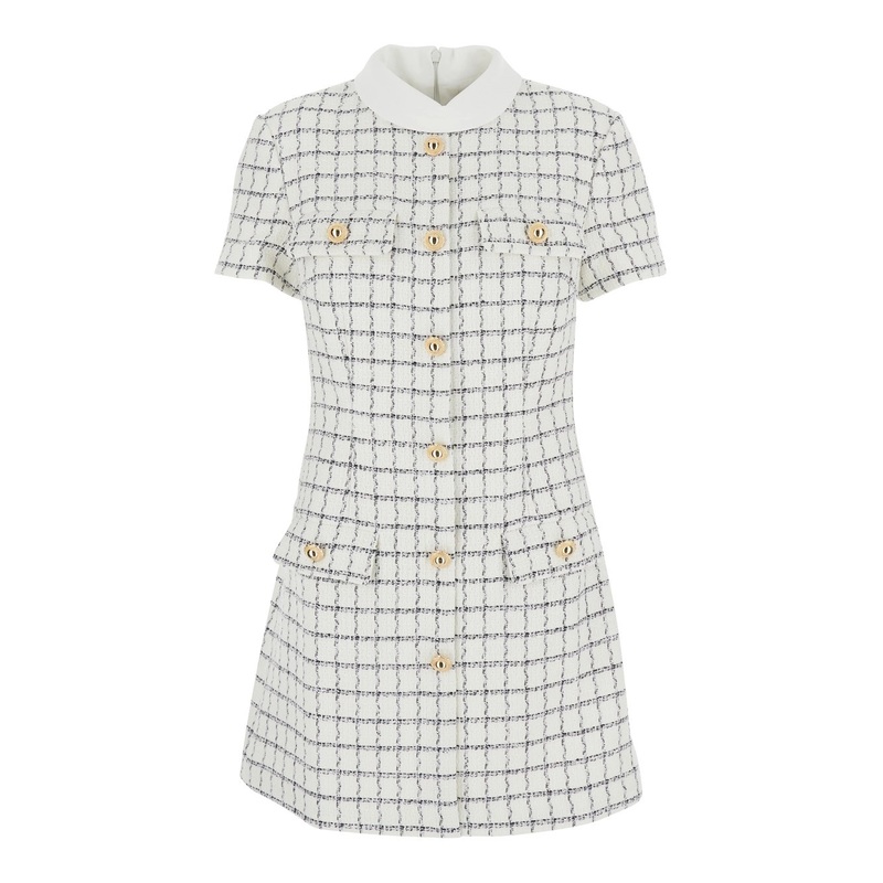 White Mini Dress with Jewel Buttons and All-Over Check Motif in Tech Fabric Woman
