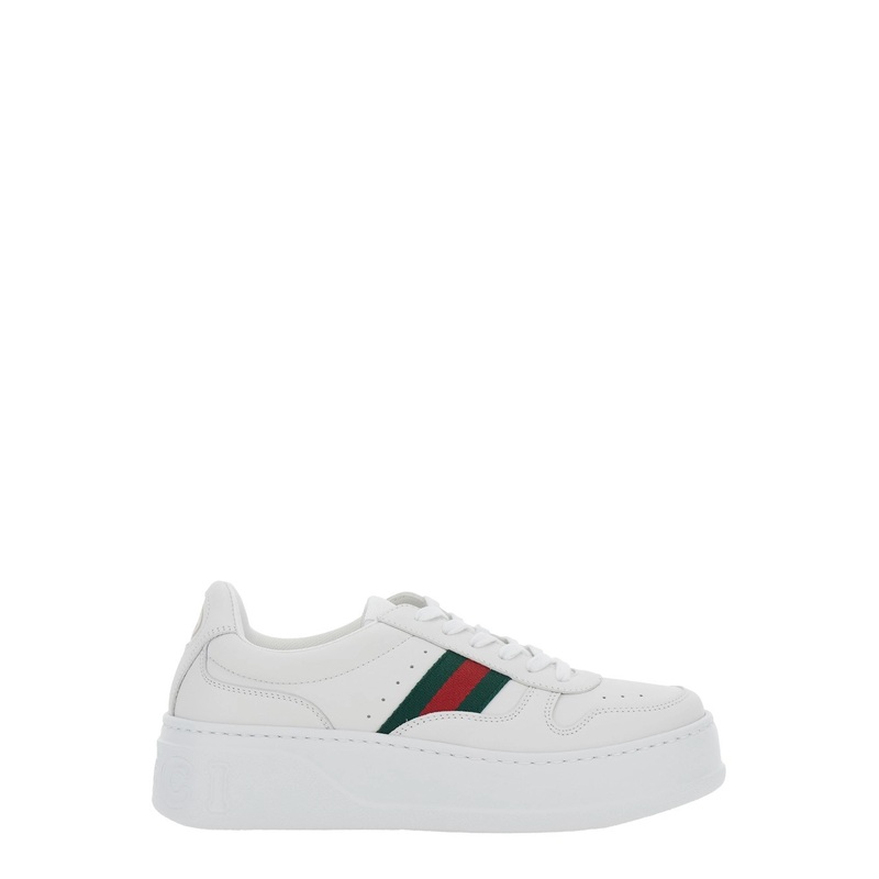 White Sneakers with Web Detail and Oversized Sole in Leather Woman