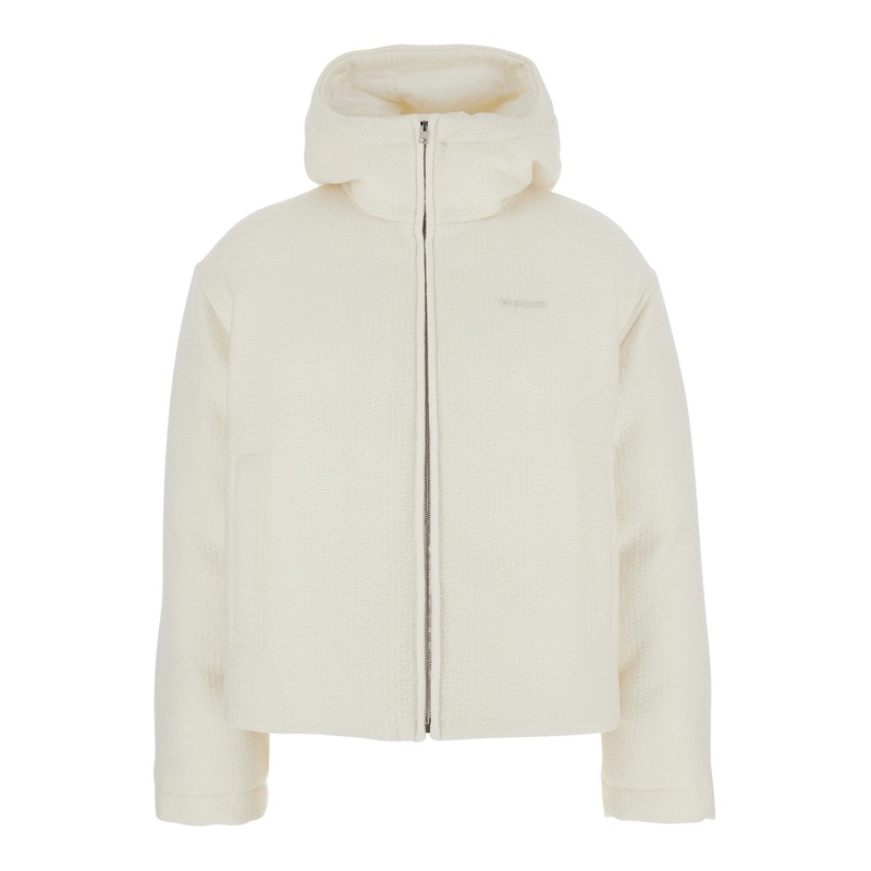 White Wool Bomber Jacket with Fixed Hood and Logo Lettering on the Front