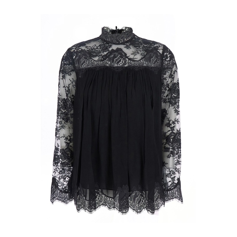 Black Blouse with High Neck and Lace Panels in Viscose Woman