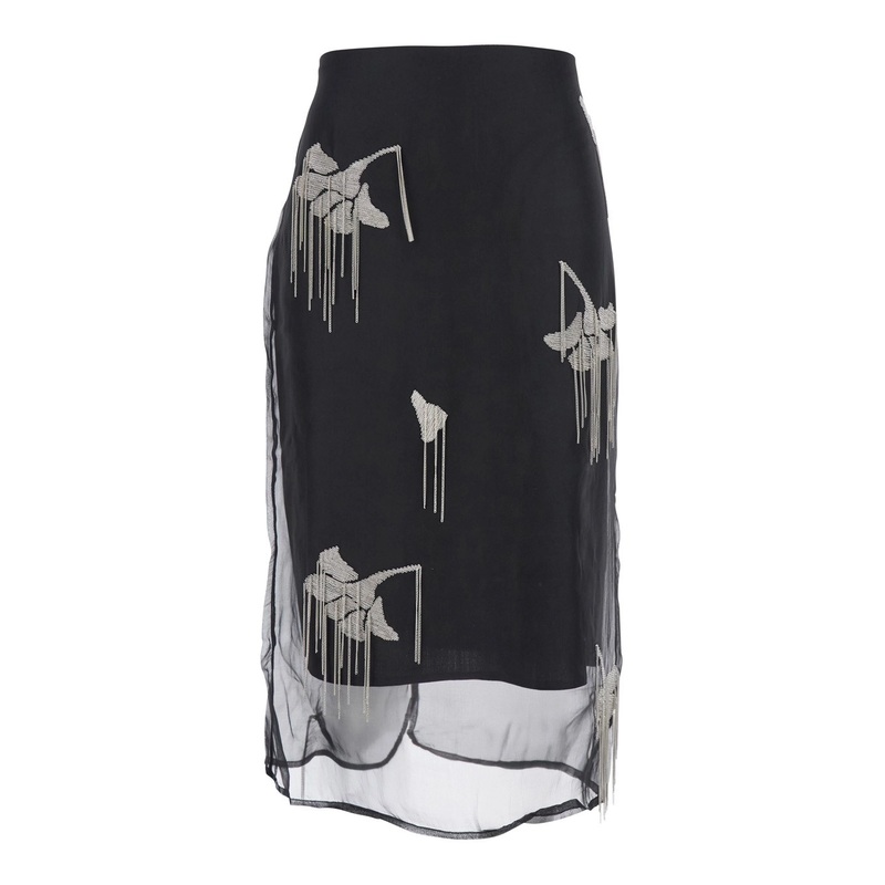 Black Skirt with All-Over Embellishment and Rear Single Vent in Silk Blend Woman