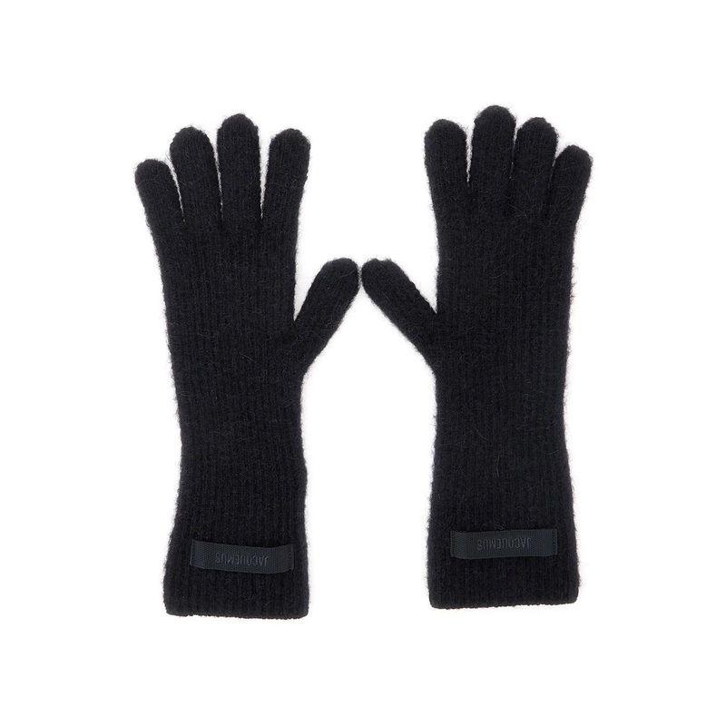 ‘Les Gants Gros Grain’ Black Gloves with Logo Patch on the Front in Wool Blend Woman